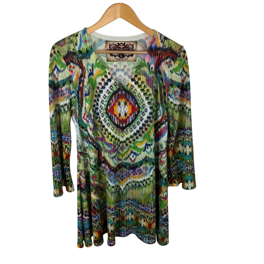 AMMA DESIGN LA Women's Vibrant Multi Color  Artsy Long Sleeve Tunic Top Blouse L